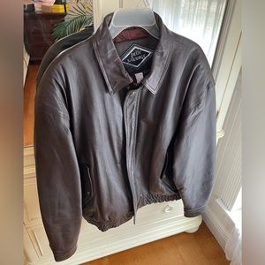 Men’s Pelle Sauvage Brown Leather Bomber Jacket, size Large